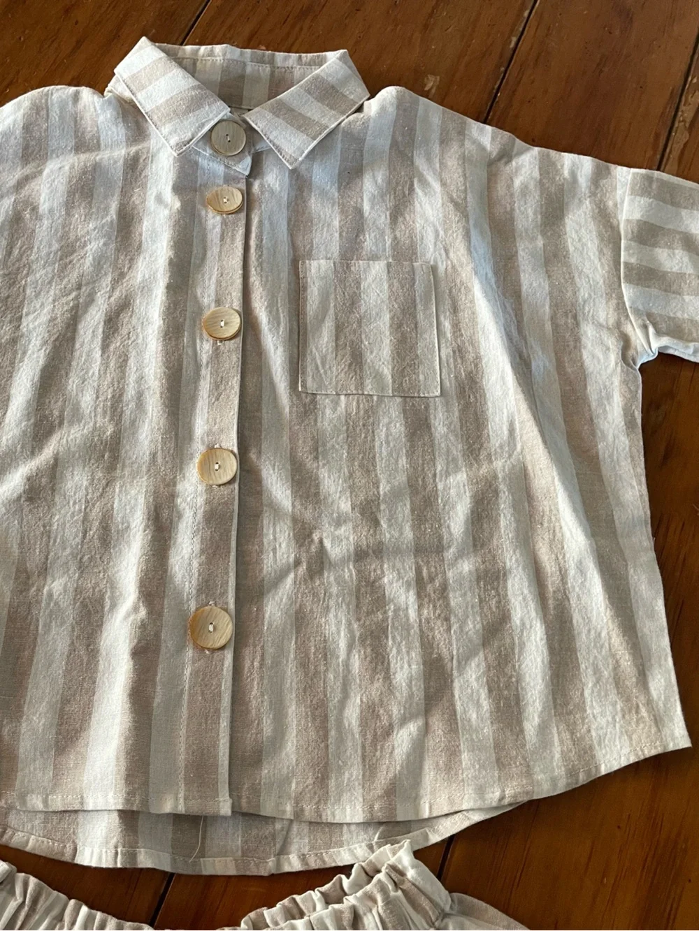 Rylee Cru Striped Button Front Short Set in Cream and Tan